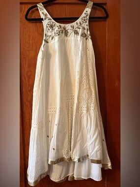 Anthropologie White Eyelet Dress with Beaded Gold Floral Accents